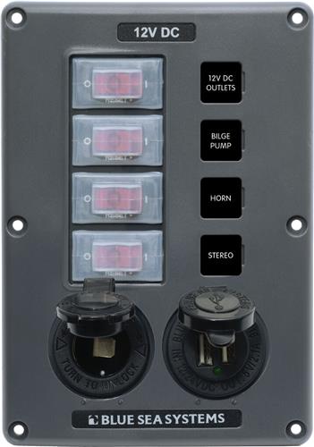 Blue Sea Systems paneel schakelaar H2O CB 4 posities stopcontact & USB grijs (vervangt 4321B-BSS)