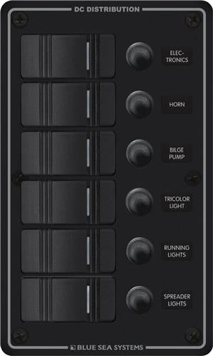 Blue Sea Systems paneel H2O 12VDC CLB 6 posities zwart verticaal (vervangt 8373B-BSS)