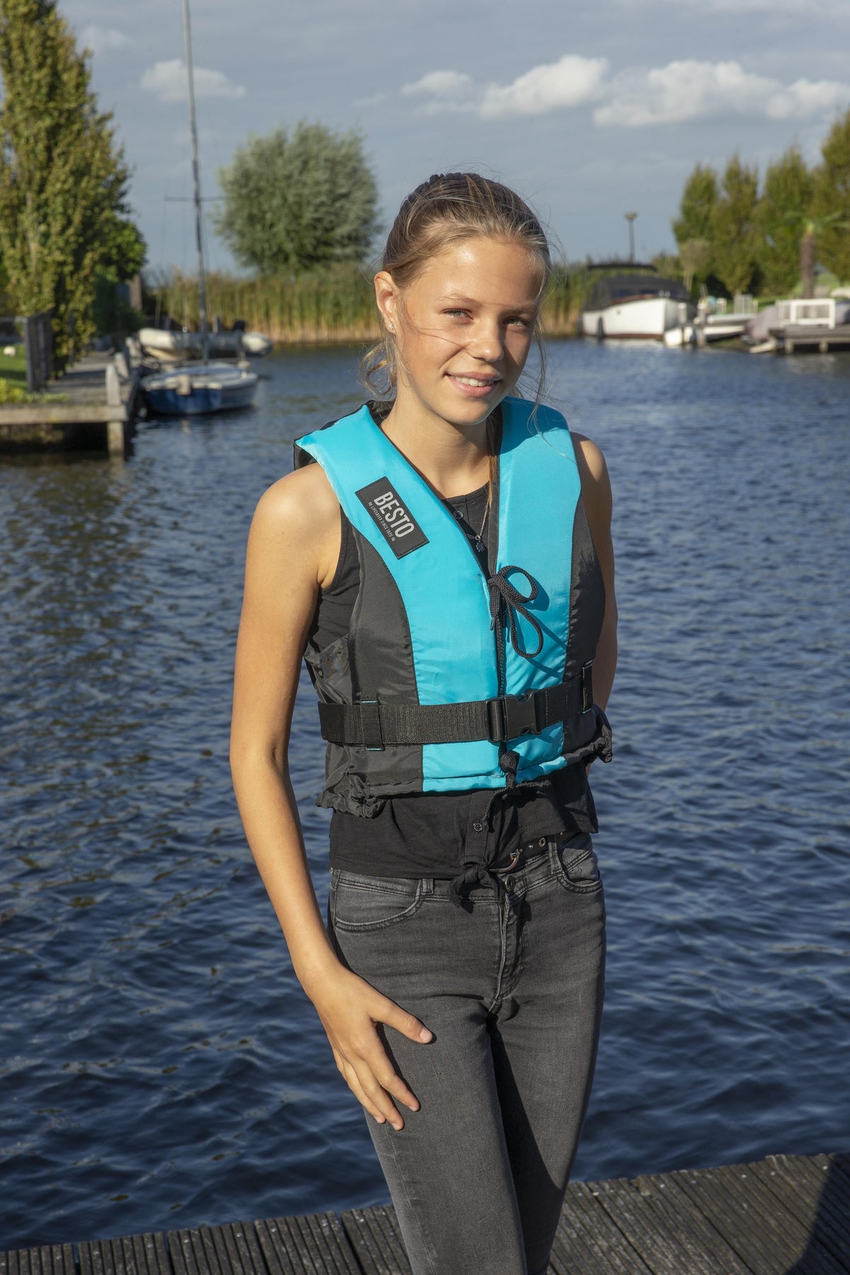 Besto Dinghy Zipper drijfvest aqua/zwart 50 N maat XS