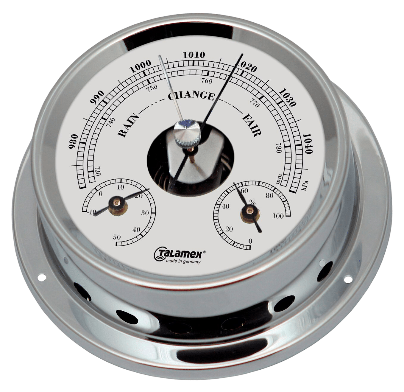 Baro/thermo/hygrometer messing verchroomd 125/100mm