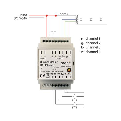 Prebit PWM dimmer module HAL400 RGBw din rail montage 5-30V 5A per kanaal (4-kanalen)
