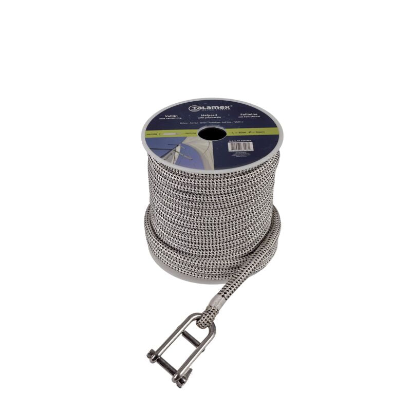 Talamex polyester vallijn met valsluiting – 8 mm × 30 m – wit/zwart