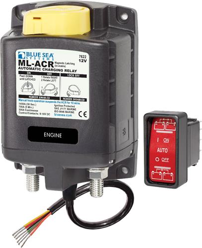 Blue Sea Systems-solenoïde ML 500A 12V ACR met handmatige bediening (incl. 2146-BSS-schakelaar)