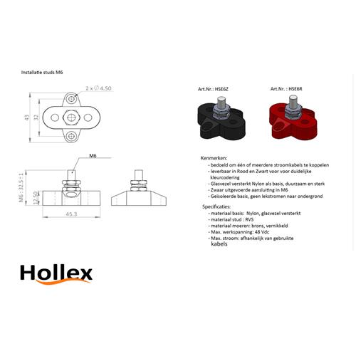Hollex aansluitstud enkelvoudig M6 zwart