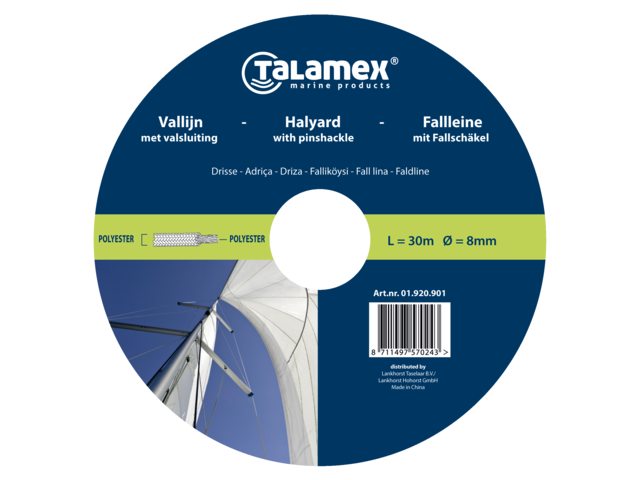 Talamex polyester vallijn met valsluiting – 10 mm × 33 m – wit/blauw