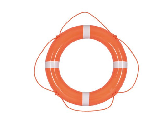 Reddingsboei pvc oranje 60cm met witte strips en oranje lijn