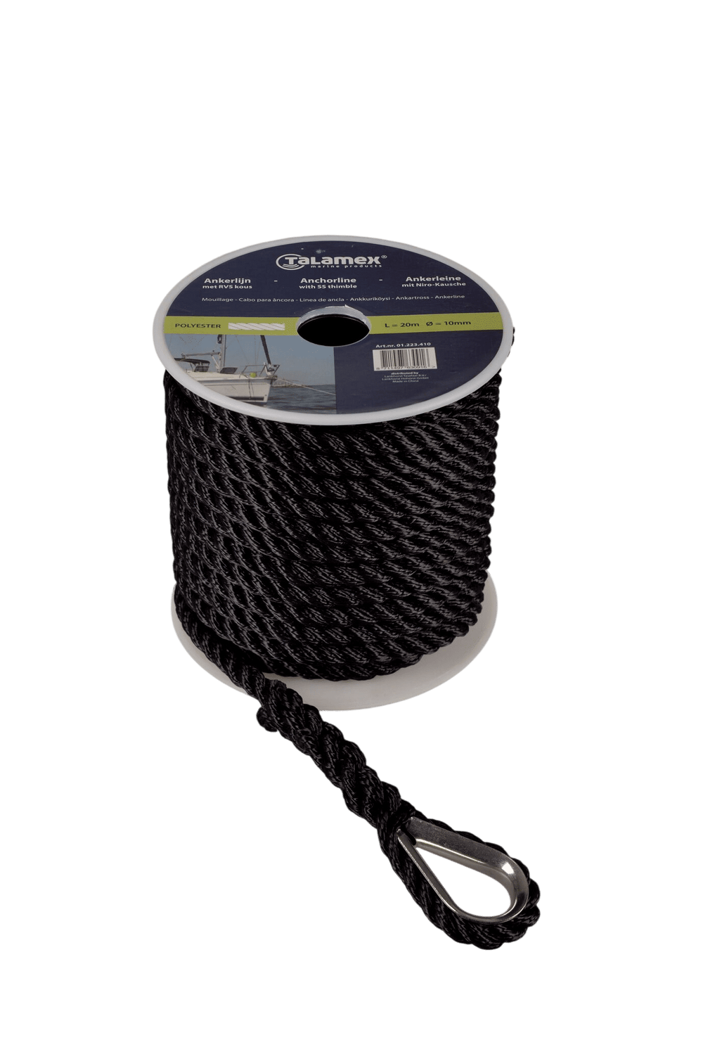 Talamex ankerlijn polyester 3-strengs – 12 mm × 30 m – zwart